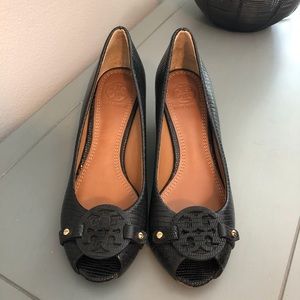 Tory Burch Navy Mini-Miller Open Toe Wedge size 6
